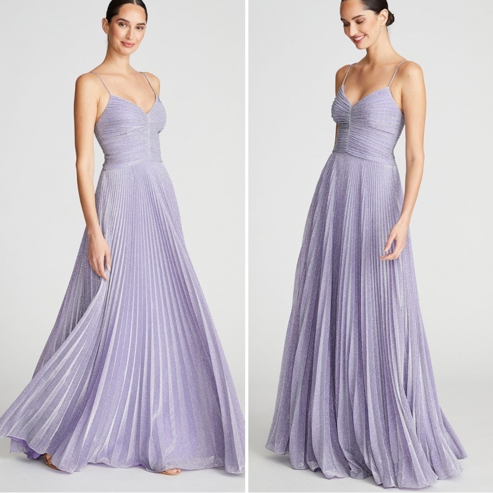 Halston Maycee Gown Sz 10 Shimmer Jersey Stretch Metallic Pleated Maxi Dress